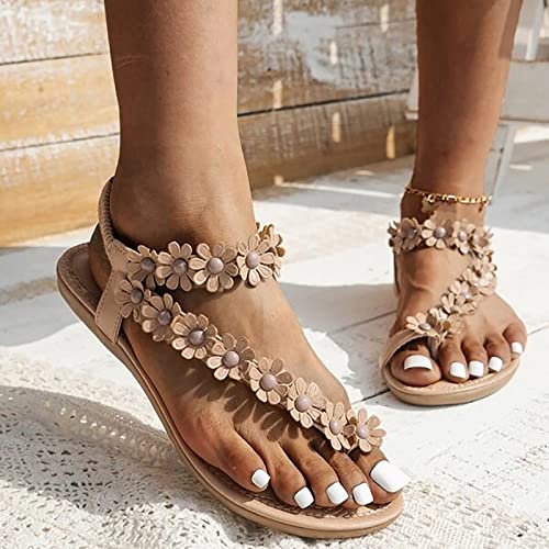 CsgrFagr Women Flat Floral Roma Flip Flops Boho Sandals Casual Shoes Water Hiking Sandals Women (Khaki, 7)4
