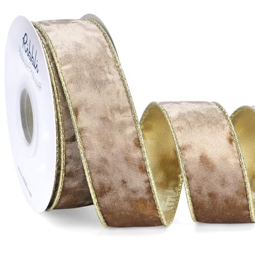 Image of Ribbli Camel Velvet Wired Ribbon 1.5 Inch Metallic Khaki Gold Crushed Velvet Christmas Ribbon for Gift Wrapping Christmas Tree Decoration Crafts Wreaths Supplies-Continuous 10 Yards