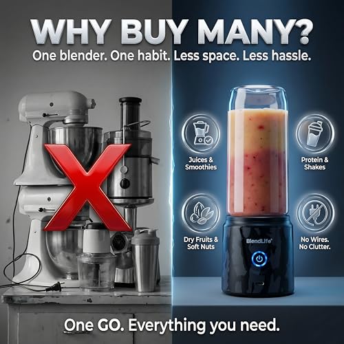 Image of BlendLife GO Portable Blender Juicer Mixer, 420ml, Proudly Made in Bharat, 32 Blades, 7.4V & USB-C Rechargeable 2000mAh Battery, BIS Certified, Includes FREE Extra Jar, BPA-Free (Camo Black)