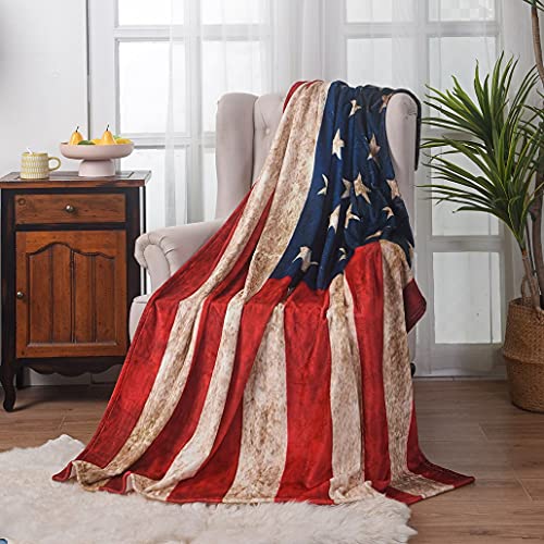 Goodbath Usa Flag Fleece Blanket, American Flag Plush Velvet Throw Blanket For Couch Sofa Bed, 80 X 58 Inch, Vintage Red Blue #TOP2