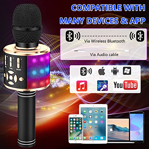 Image of Amazmic Kids Karaoke Microphone Machine Toy Bluetooth Microphone Portable Wireless Karaoke Machine Handheld with LED Lights, Gift for Children Adults Birthday Party, Home KTV(Black Gold)