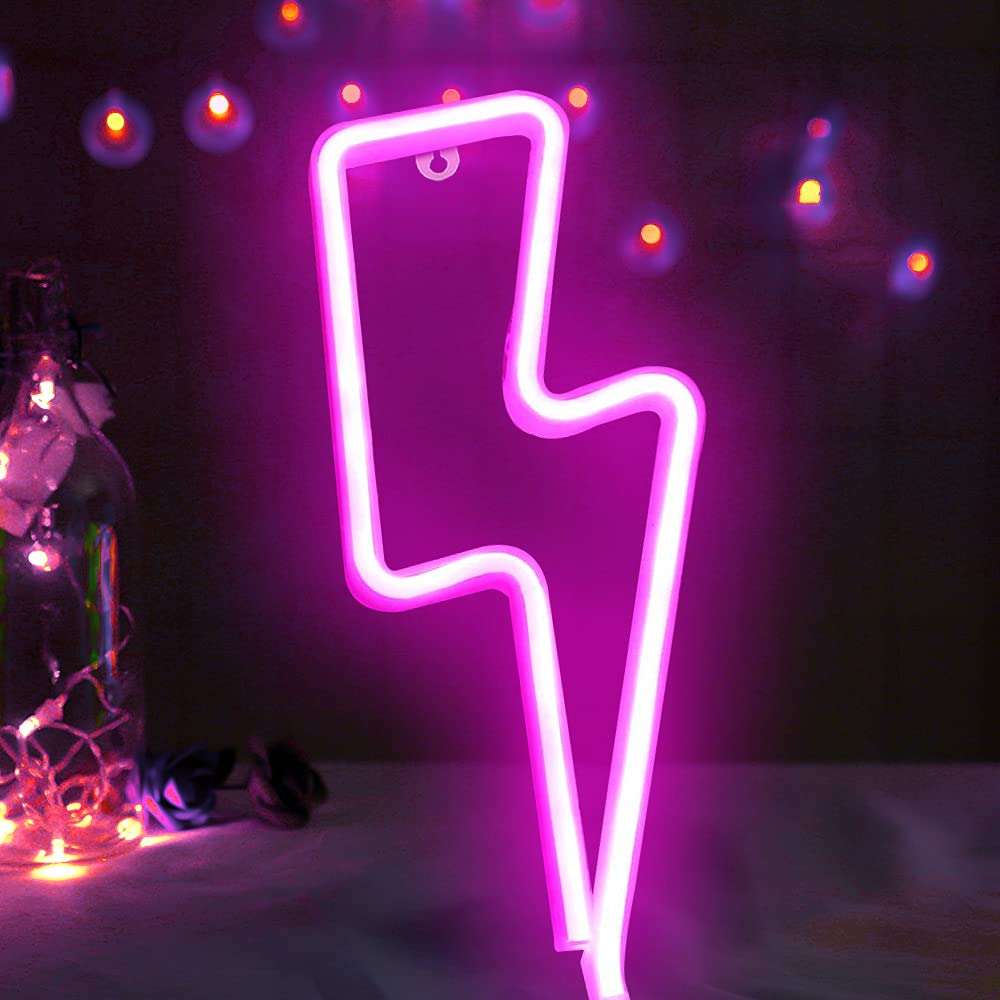 Gifts for Kids/Adults Decoration , VNVDFLM Lightning LED Neon Signs for Wall Decor, Art Night Signs Neon Light for Bedroom, Party, Bar, Wedding, Camping, Festival -With Battery Box and USB (Lightning-Pink)
