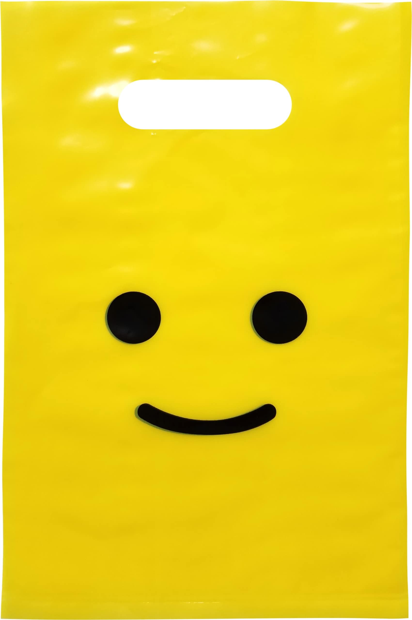 L LIFETIME Smile! Yellow Party Favors Bags Super Strong 24 Pack Loot Birthday Emoji Treat Plastic Bag, 9 x 6 inch - Birthday Gift Bag for Kids Boys and Girls - Plastic Gift Bags with Handles