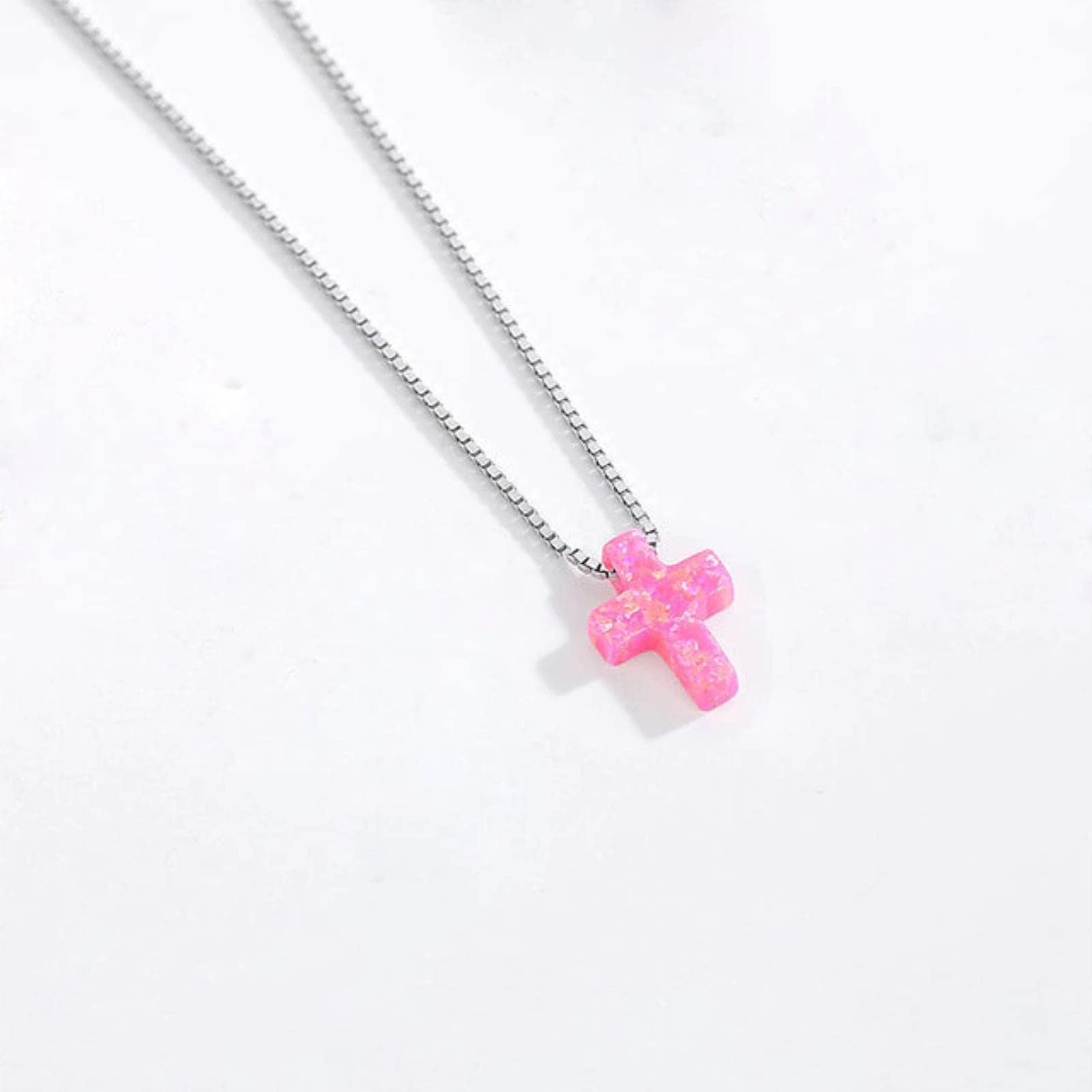 Bioliving Women's Pink Box Chain New Cross Opal Necklace Genuine 925 Sterling Silver Blue Stone Cross Charm Opal Necklace Rosary