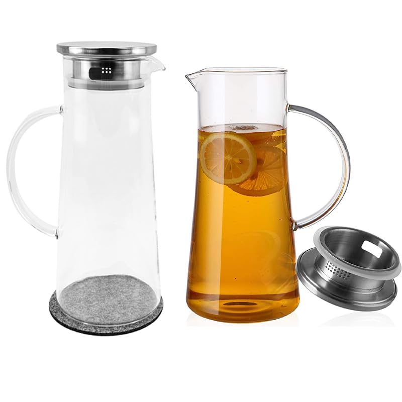 HASAYAKI Jarra de cristal con tapa, jarra con estera, jarra de 1,5 L para té helado, agua fría caliente, zumo, leche, vino, café, 2 unidades