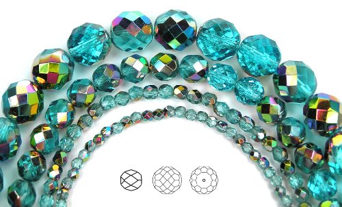 4mm (102) Aqua Vitrail Coated, Czech Fire Polished Round Faceted Glass Beads, 16 inch Strand