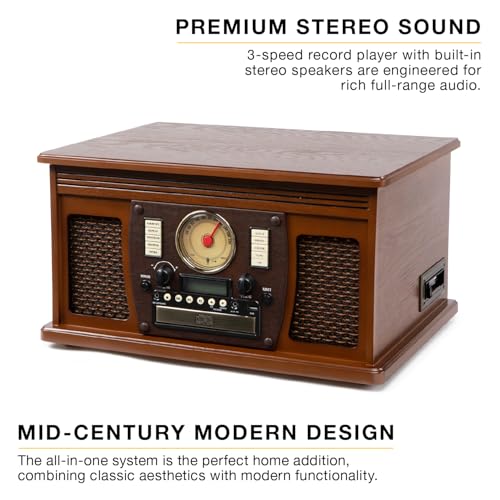 Image of Victrola Navigator - 8-in-1 Bluetooth Record Player - Walnut | Real wood cabinet plays vinyl, CD, cassette, FM radio, USB and aux, built-in speakers, remote control included