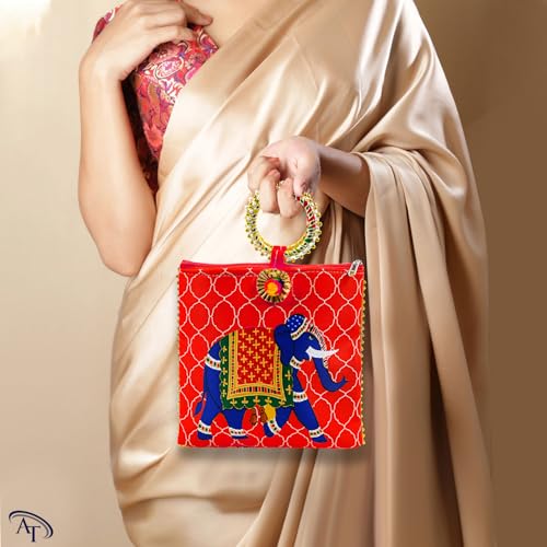 Image of Women Potli Bags | Gifting Potli with Zip & Bangle Handle | Traditional Shagun Return Gifts Potli for Mehandi, Haldi, Baby Shower, Wedding, Sangeet (Elephant Print, Pack of 12)