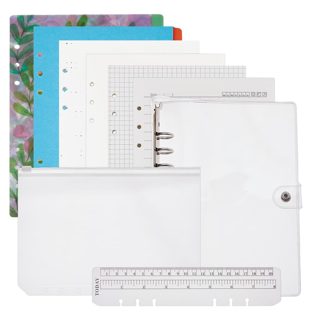 SUPERFINDINGS A5 Binder 6 Ring Binder Notebook Binder Refillable Journal Clear A5 Loose Leaf Binder Set including A5 Binder Divider Loose Leaf Sheets Ruler Binder Pocket