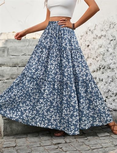 IDEALSANXUN Floral Skirt for Women 2024 Summer Boho Elastic High Waisted Tiered Beach A Line Pleated Long Maxi Skirts3
