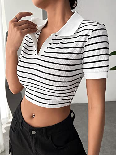 Image of Aahwan White Striped Slim Fit Crop Polo Collar Short Sleeve T-Shirt for Women's & Girl's
