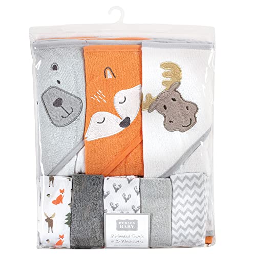 Image of Hudson Baby Unisex Baby Animal Hooded Towel 3pk and 15 Washcloths, Woodland, One Size