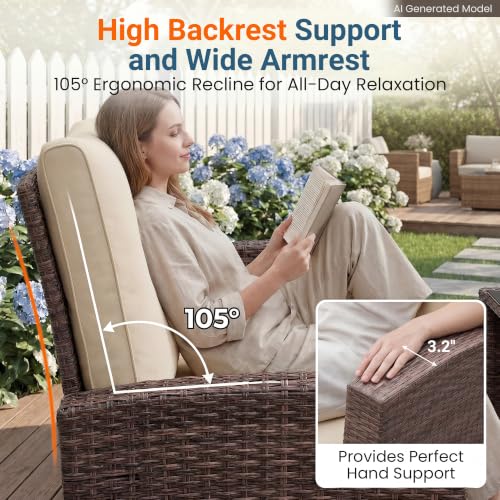 Image of Wisteria Lane 4 Piece Patio Furniture Set, Wicker Outdoor Patio Conversation Furniture Set, All Weather Outdoor Patio Sofa with Cushion and Wood Table, Brown and Beige