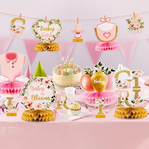 Image of ANGOLIO Floral Girl Baby Shower Honeycomb Centerpiece, 12Pcs Party Supplies