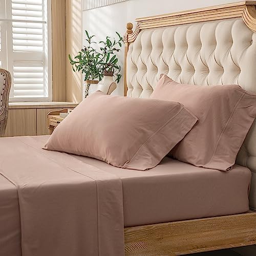 PURE ERA Jersey Knit 4pc Bed Sheet Set 100% T-Shirt Cotton Super Soft Comfy Breathable Fits Mattress Up to 20" Extra Deep Pocket (Solid Petal Pink, Full)