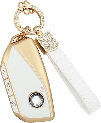 1797 Funda para llavero BMW Serie 7 X7 i7 iX XM 2023 Accesorios Bling Llavero Funda Protector de 4 Botones Blanco Oro TPU, Blanco & Oro