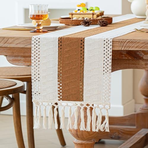 Image of FEXIA Boho Table Runner with Tassels 72 Inches Long for Summer Home Decor Farmhouse Rustic Macrame Burlap Table Decoration for Living Room Dining Room, Reddish Brown(12x72 Inches)