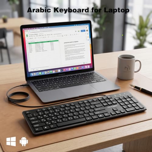 Image of Arabic English Keyboard,Wired Keyboard Not Fading Bilingual Letters | USB-A Interface,1.6m /62.99inches line Length Suitable for Windows Computer,Laptop,PC,Full Size with Number Key,Plug and Play