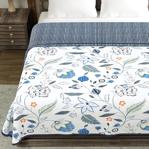 Image of BLOCKS OF INDIA 100% Cotton Dohar King Size Reversible Hand Block Printed Malmal Summer Dohar /Blanket (Blue Anar JAAL)