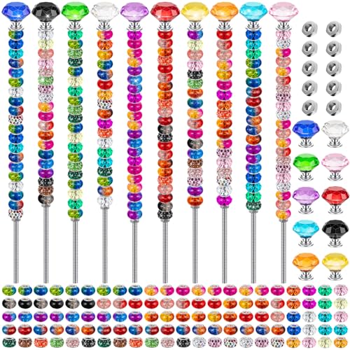 230 Pcs Beaded Garden Stakes 12IN Fairy Wand Garden Stake Beads Kits with 200 Colorful Assortment Round Large Hole Beads with 10 Crystal Stopper Top 10 Threaded Rod and 10 Nuts for Outdoor Decoration