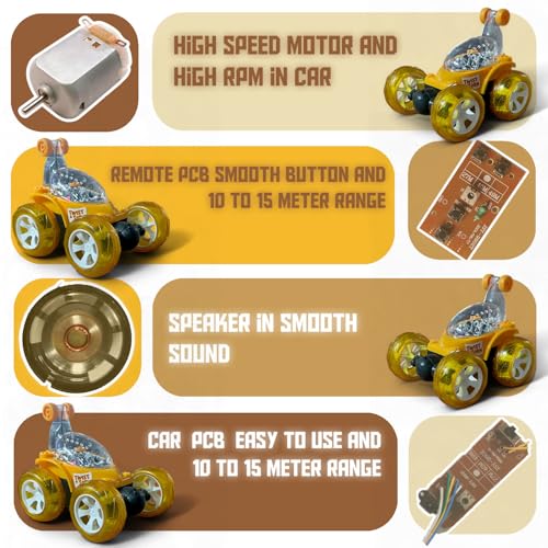 Image of Remote Control Stunt Car for Kids, 360 Spins RC Off-Road Monster Truck, 4WD Rock Crawler Vehicle with LED Lights, Rechargeable Battery, Shockproof Design (Yellow, 9802)