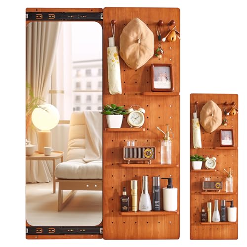 Aibiju 全身鏡 姿見鏡 壁掛け 実木製 大型ミラー メイク鏡 隠し扉設計 壁収納 ピンボード付き 丸角 飛散防止 化粧用ミラー インテリア装飾 40×120cm チェリー木色 YD-WG001C