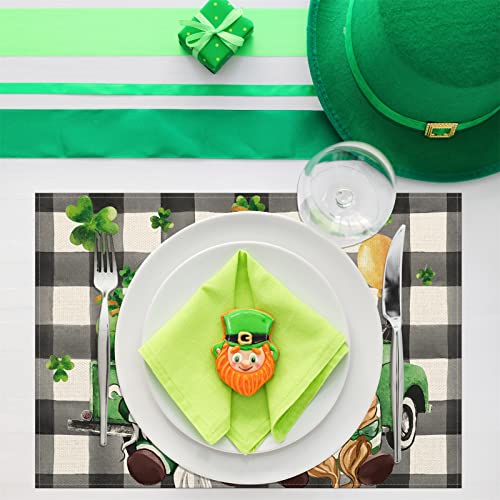 St. Patrick's Day Gnomes Placemats Set Of 4,12X18 Inch Gnomes With Truck Buffalo Plaid Shamrock Heat-Resistant Place Mats,Green Irish Table Decors For Seasonal Farmhouse Kitchen Dining Holiday Party #TOP4