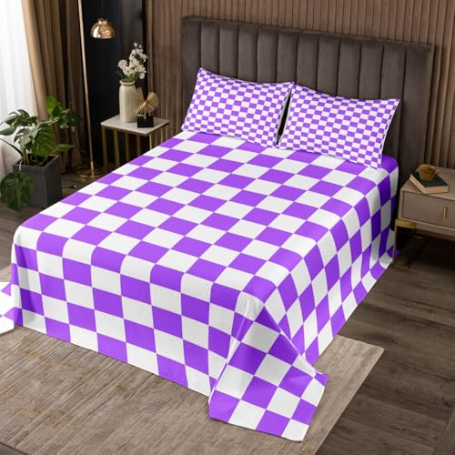 Manfei Lavender Grid Bedspread Twin Size, Geometric Plaid Square Coverlet Set 2pcs, Kids Boys Girls Room Decor, Soft Lattice Checkerd Quilted Coverlet with 1 Pillowcase, Soft Bedding Quilt