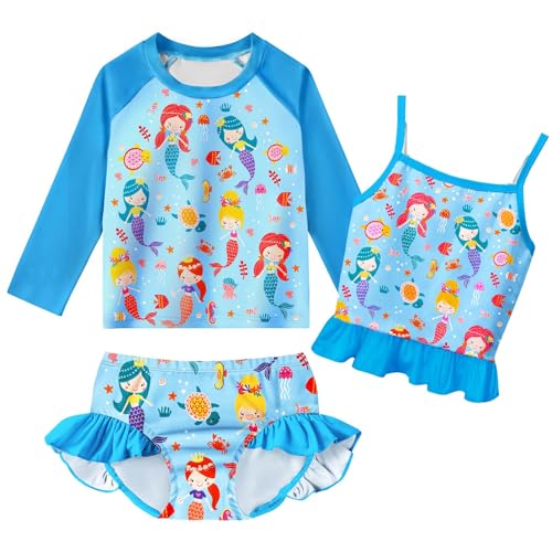 Image of Girls Kids Rash Guard Sets 3 Pieces Tankini Bathing Suit Swimwear Long Sleeves Swimsuit for 3-8 Years