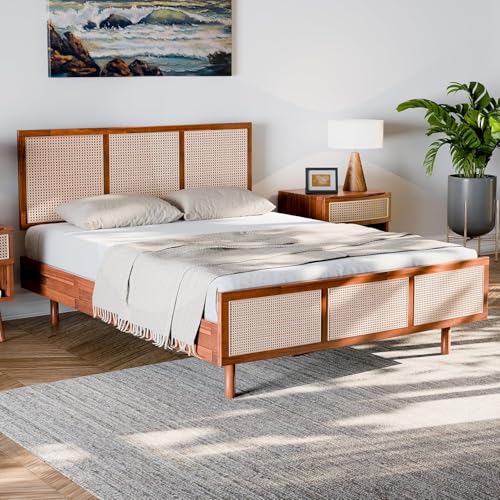 Image of Bme Nancy Signature Bed Frame, Queen Bed Frame and Headboard Unique Geometric, Mid Century Modern, Solid Acacia Wood, No Box Spring Needed, 12 Strong Wood Slats Support, Easy Assembly, Dark Chocolate
