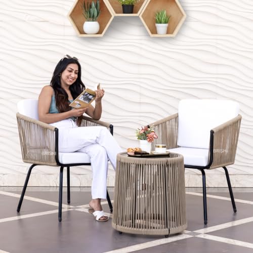Image of BRISHI Garden Patio Seating Chair and Table Set Outdoor Balcony Garden Coffee Table Set Furniture with 1 Table and 2 Chairs Set with Cushion Braid & Rope (BRISHI 124 Beige)