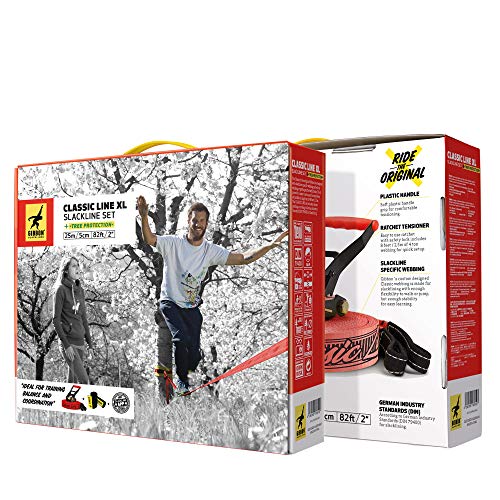 Image of GIBBON ClassicLine XL Slackline Red with TreeWear - 82ft Slack Line - 74ft x 2 inch Line & 8ft Ratchet Strap with Reinforced Loop - Signature Ratchet