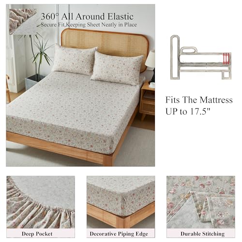 Image of FADFAY 100% Cotton Full Sheet Set - 4 Pieces Soft Floral Sheets - Breathable & Cooling - Easy Care Double Gauze Bedding, Pink