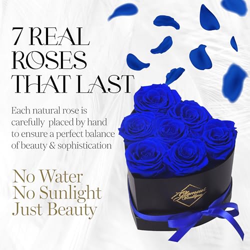 Image of GLAMOUR BOUTIQUE 7 Flower Forever Heart Shape Box, Mothers Day Gift For Mom, Eternal Preserved Roses Gift for Her, Flowers bouquet, For Birthday, Anniversary, Girlfriend - Blue (Color-Treated)