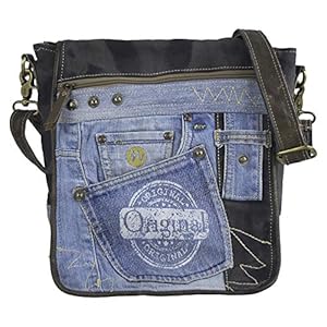 Sunsa duurzame koerierstas gerecyclede jeans & canvas. Uniseks crossover tas met veel ruimte. Zwart blauw, jeans, 25x27x8cm, Retro