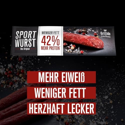Grillido Original Sportwurst 25x25g (625g) mit knackiger Konsistenz - Pork Jerky Low Fat mit 42% Eiweiß - Geschenke für Männer, Pork Jerky, Bacon Snack, Protein Snacks ohne Zucker, Snacks gesund