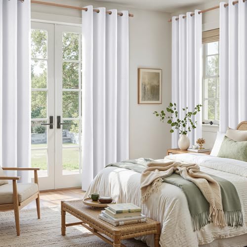 Image of HOMEIDEAS 100% Blackout White Linen Curtains 52W x 63L 2 Panels