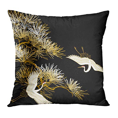 Artsocket Set Of 4 Throw Pillow Covers Asian Dancing Oriental Cranes Japanese Writing Vintage Geometric Pattern Black Gold White Decorative Pillow Cases Home Decor Square 18X18 Inches Pillowcases #TOP2
