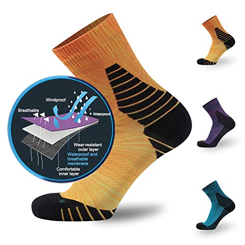 Meikan 100% Waterproof Trail Running Socks, Men's Women's Bamboo Fiber Moisture Wicking Anti Odor Mid Crew Hiking Socks 1 Pair (Orange, Large) #TOP2