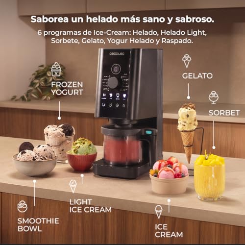 Miniatura 4 de Cecotec Máquina de Helados - Heladera - 1,35L - Gelatec 1800. 700W, 10 Programas, Botones Táctiles y Mando Giratorio, Helados y Bebidas en 3 Pasos, 3 Tarrinas BPA Free, Cremosidad Perfecta