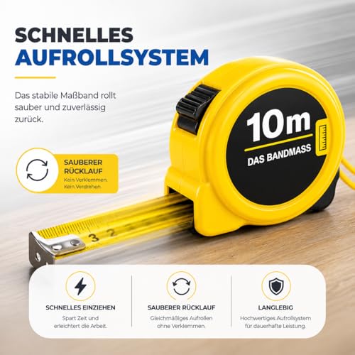 Premium Bandmaß 10 Meter mit Halterung - robustes Maßband & Bandmass zum präzisen Messen mit Feststeller - Rollmassband & Massband mit Aufrollsystem