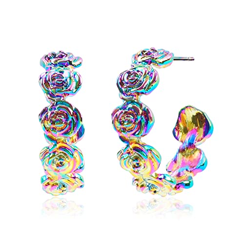 Rose Flower Hoop Earrings for Women Boho Hot Laser Dazzling Rose Flower Hoop Statement Earrings Costume Party for Women