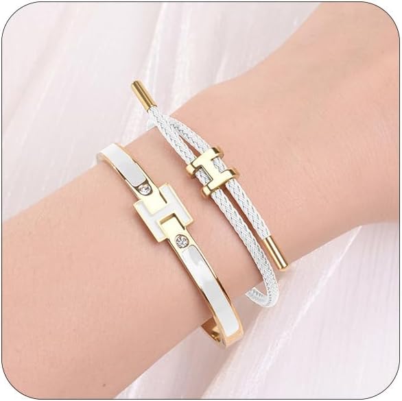 H Bracelets for Women,H Bangle and H Wire Rope Bracelet Set,18K Gold Plated Bracelets Set for Christmas Mothers Day Gifts for Women