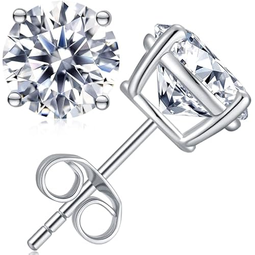 Moissanite Stud Earrings Hypoallergenic 925 Sterling Silver stud Earrings for Women Round Cut D Color VVS1 18K White Gold Plated Lab Created Moissanite Earrings for Women Men 0.3ct-2ct