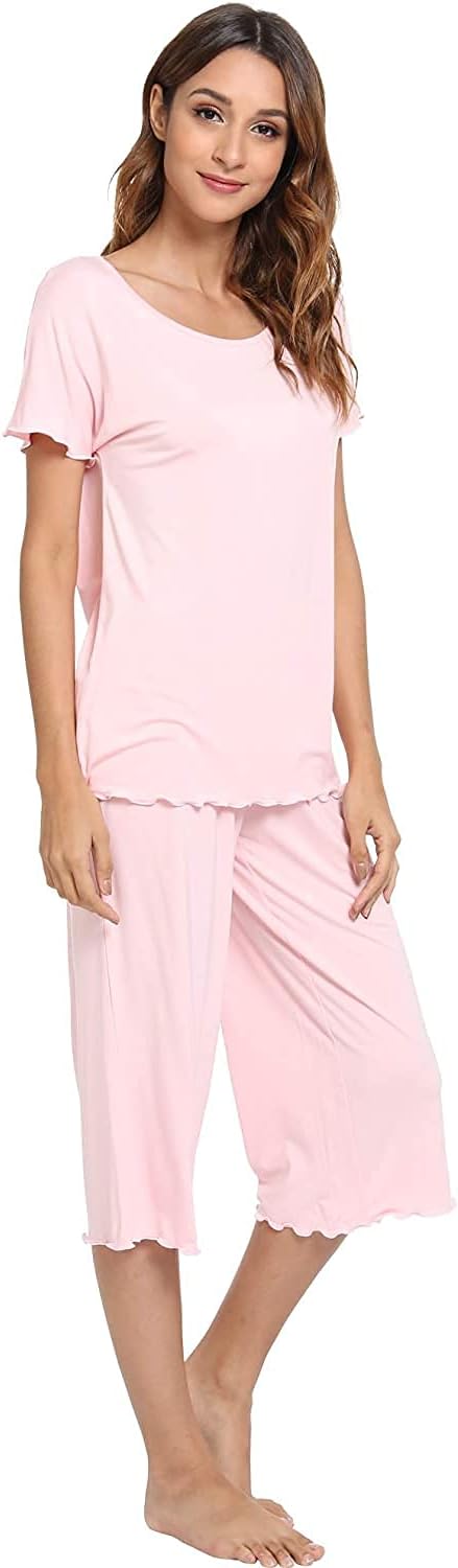 LazyCozy Womens Pajama Sets Viscose from Bamboo Pj Set Short Sleeve Top with Capri Pants Sleepwear 2 Piece Lounge Set