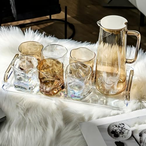 Image of Wringo Premium 7pc Crystal Water Jug with Glass Set and Jug Set Combo,Freezer Safe and Dishwasher Safe (6 Pieces Glasses 200ML and 1 Water Juice Jug 1 Liter), Transparent, Glass and Jug Set (WS-05)
