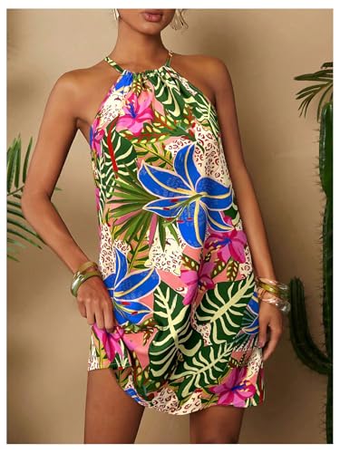 Image of SweatyRocks Women's Tropical Print Halter Dresses Sleeveless Holiday Summer Mini Dress