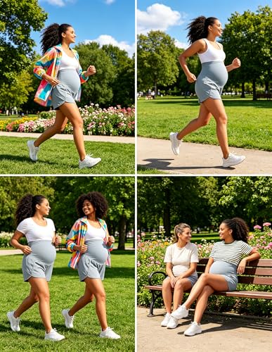 Image of PACBREEZE Women's Maternity Shorts Over Belly Quick Dry Workout Athletic Running Shorts with Zipper Pockets