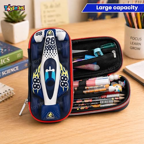 Image of Toyshine 88 Racer Hardtop Pencil Case with Compartments - Kids Large Capacity School Supply Organizer Students Stationery Box - Girls Boys Pen Pouch Dark Blue