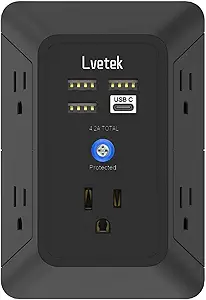 Surge Protector Outlet with 5-Multi Plug Outlet and 4 USB Ports (1 USB C), 3-Sided 1680J Power Strip Wall Charger for Home, Travel, Office - ETL Listed, Black